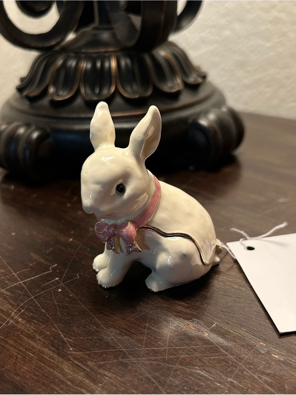 White Ceramic Bunny Trinket Box with Pink Bow